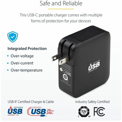 StarTech.com 140W USB-C GaN Wall Charger with USB-IF Certification and 6ft USB-C Cable