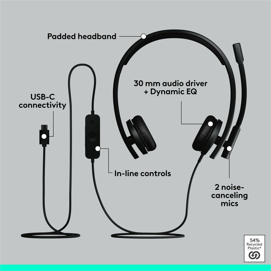 Logitech H570e USB Wired Stereo Headset with Noise-Canceling Microphones and Inline Controls for Microsoft Teams - Black