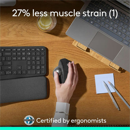 Logitech MX Ergo S Plus Wireless Trackball Mouse with Ergonomic Design, USB-C Rechargeable, Bluetooth & Logi Bolt Connection - Graphite