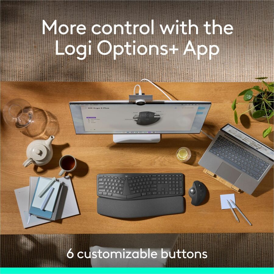 Logitech MX Ergo S Plus Wireless Trackball Mouse with Ergonomic Design, USB-C Rechargeable, Bluetooth & Logi Bolt Connection - Graphite