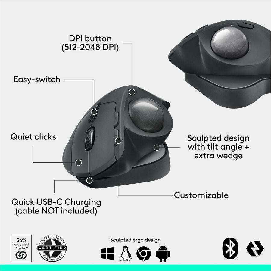 Logitech MX Ergo S Plus Wireless Trackball Mouse with Ergonomic Design, USB-C Rechargeable, Bluetooth & Logi Bolt Connection - Graphite