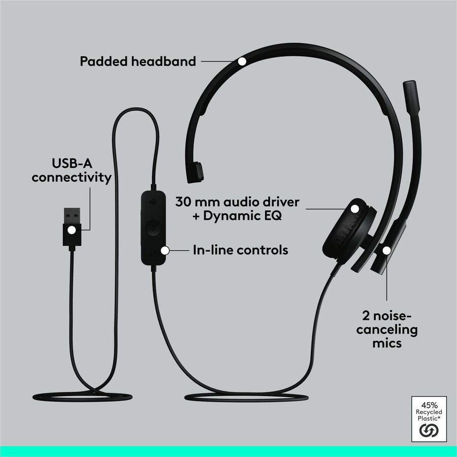 Logitech H570e USB Wired Mono Headset with Noise-Canceling Microphones and Inline Controls
