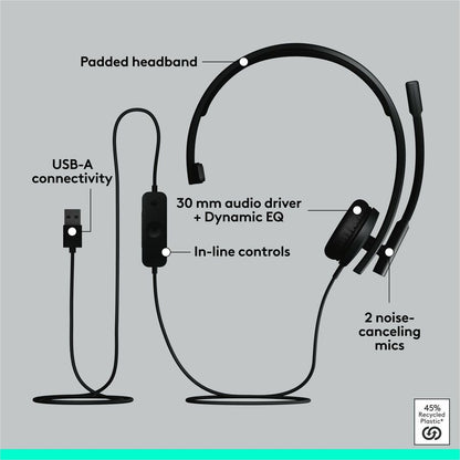 Logitech H570e USB Wired Mono Headset with Noise-Canceling Microphones and Inline Controls