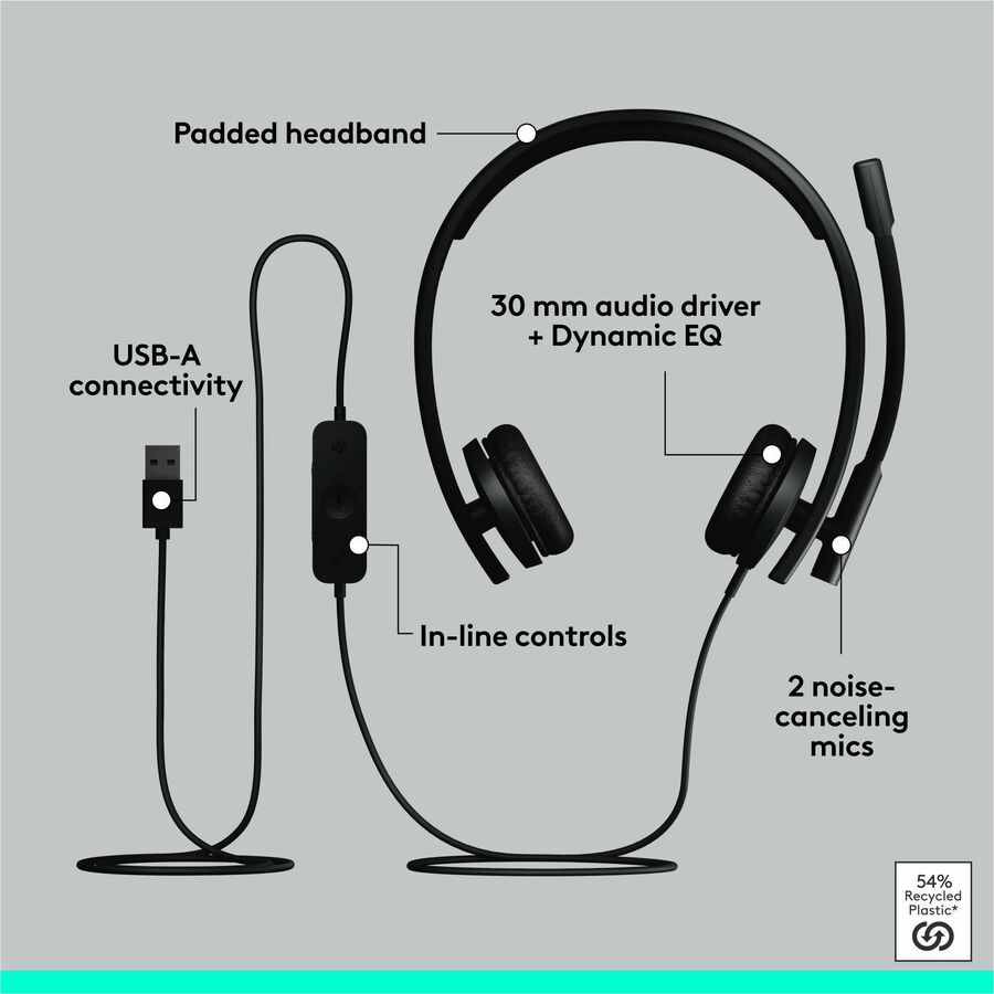 Logitech H570e USB Wired Stereo Headset with Noise-Canceling Microphones and Inline Controls