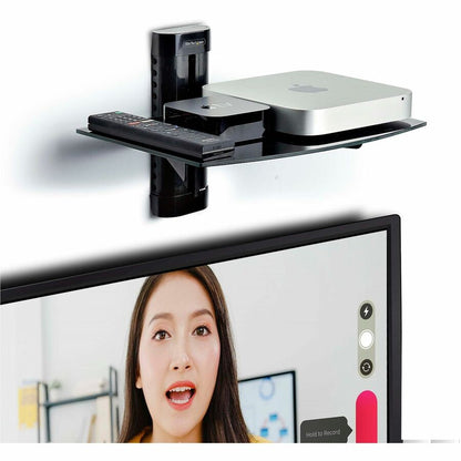 StarTech.com Floating Wall-Mounted AV Shelf with Adjustable Height – Black Tempered Glass for TV and Office Equipment