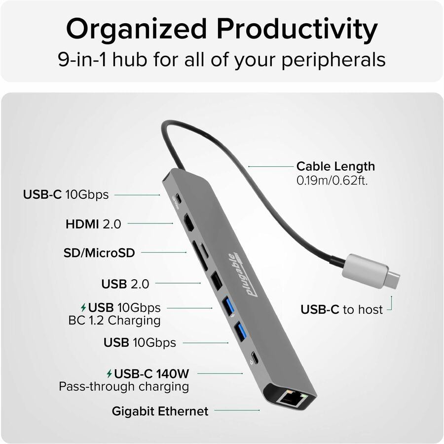 Plugable USB C Hub Multiport Adapter (9-in-1) with 4K HDMI and 140W Power Delivery Charging