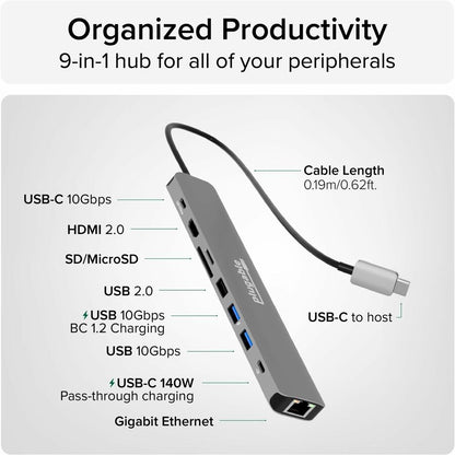 Plugable USB C Hub Multiport Adapter (9-in-1) with 4K HDMI and 140W Power Delivery Charging