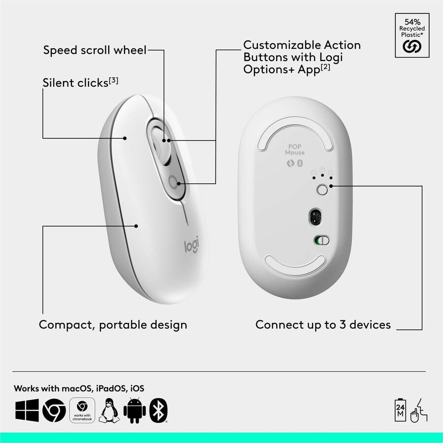 Logitech POP Mouse – Compact Wireless Bluetooth Mouse with Silent Touch Technology, Customizable Buttons, and Multi-Device Switching