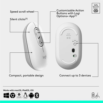 Logitech POP Mouse – Compact Wireless Bluetooth Mouse with Silent Touch Technology, Customizable Buttons, and Multi-Device Switching