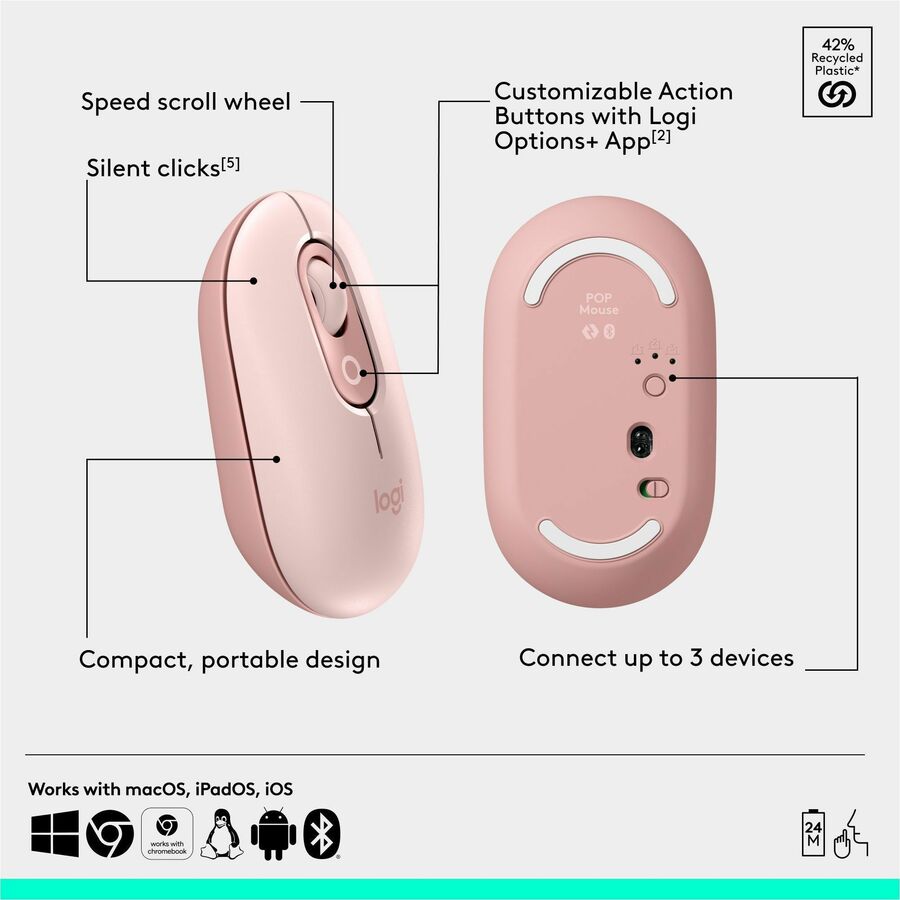 Logitech POP Icon Combo Bluetooth Keyboard and Mouse Set – Rose with Programmable Action Keys