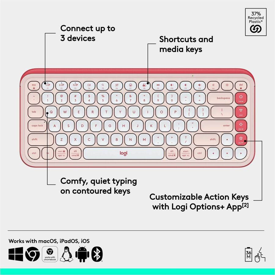 Logitech POP Icon Keys Wireless Bluetooth Keyboard - Rose & Off-White, Programmable Action Keys for Enhanced Productivity