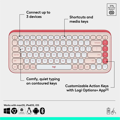 Logitech POP Icon Keys Wireless Bluetooth Keyboard - Rose & Off-White, Programmable Action Keys for Enhanced Productivity