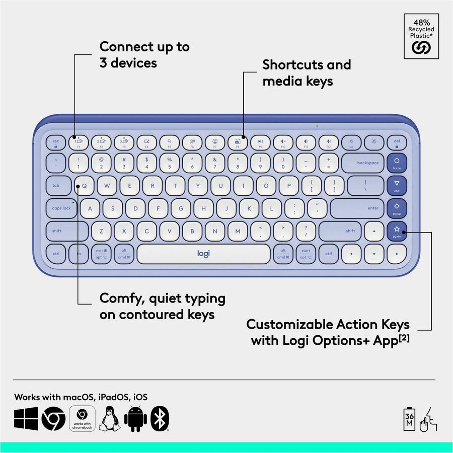 Logitech POP Icon Keys Wireless Bluetooth Keyboard – Comfortable, Programmable Keys, Dual Device Support, Lilac & Off-White