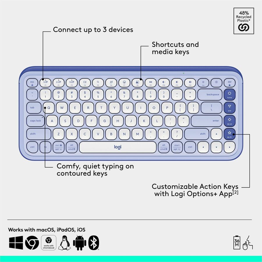 Logitech POP Icon Combo Bluetooth Keyboard and Mouse in Lilac – Contoured, Quiet, and Customizable