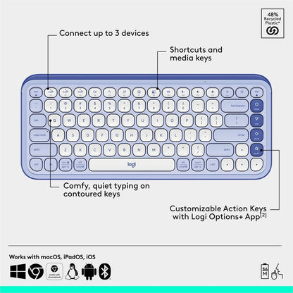 Logitech POP Icon Combo Bluetooth Keyboard and Mouse in Lilac – Contoured, Quiet, and Customizable