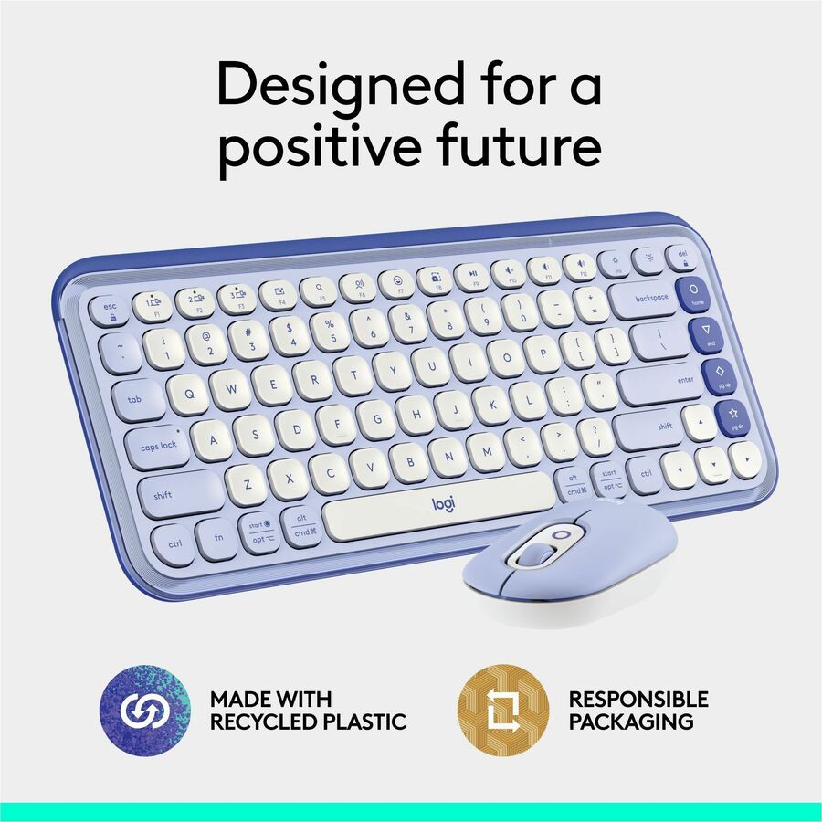 Logitech POP Icon Combo Bluetooth Keyboard and Mouse in Lilac – Contoured, Quiet, and Customizable