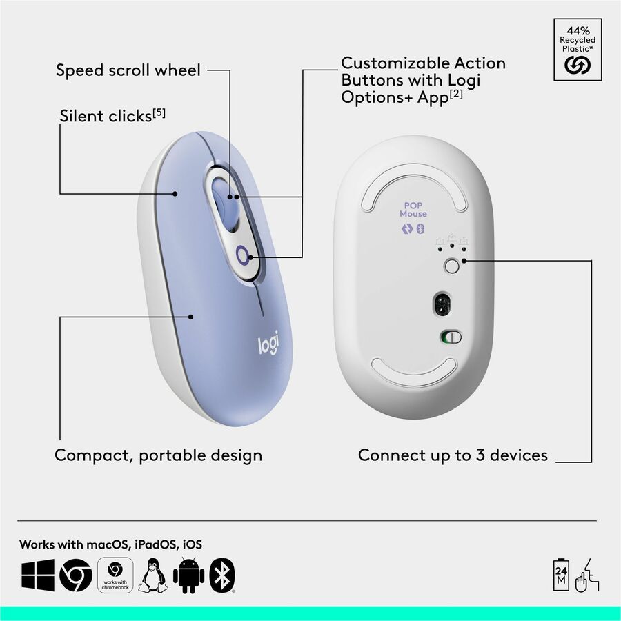 Logitech POP Icon Combo Bluetooth Keyboard and Mouse in Lilac – Contoured, Quiet, and Customizable
