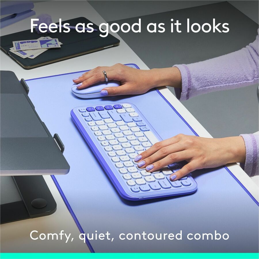 Logitech POP Icon Combo Bluetooth Keyboard and Mouse in Lilac – Contoured, Quiet, and Customizable