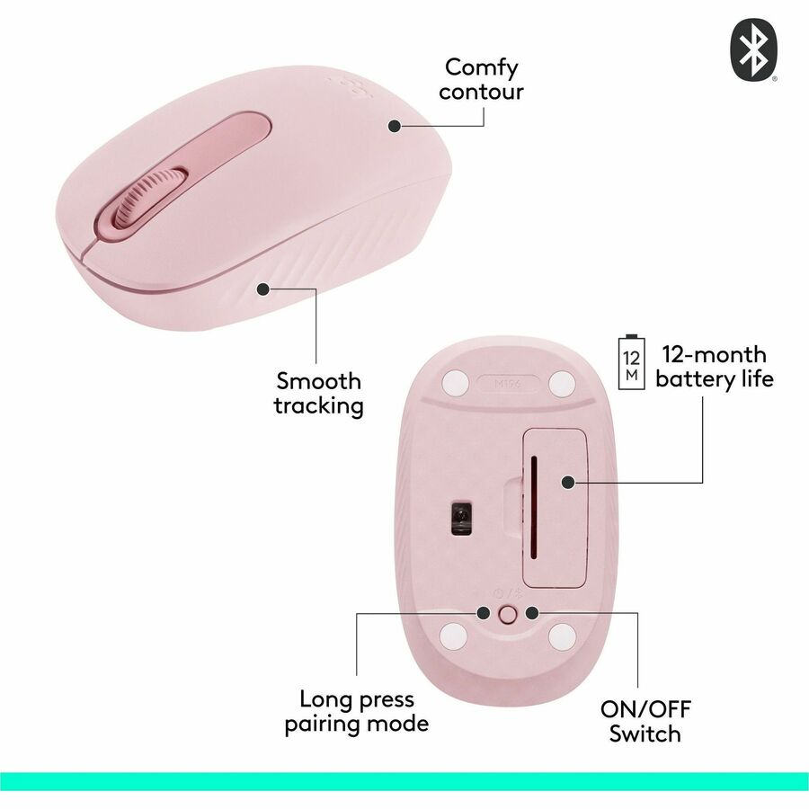 Logitech M196 Bluetooth Wireless Mouse - Compact, Portable, Rose