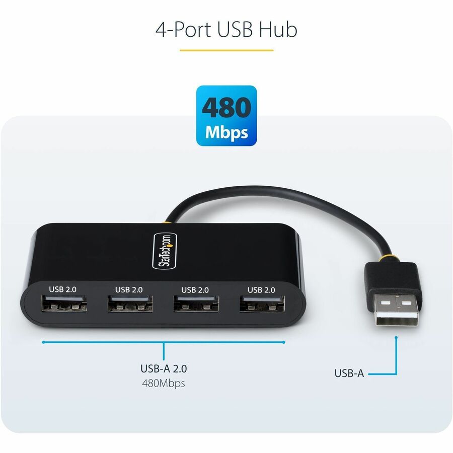 StarTech.com Travel Mini USB Hub — 4-Port USB 2.0 Bus-Powered Portable Hub for Laptops and PCs