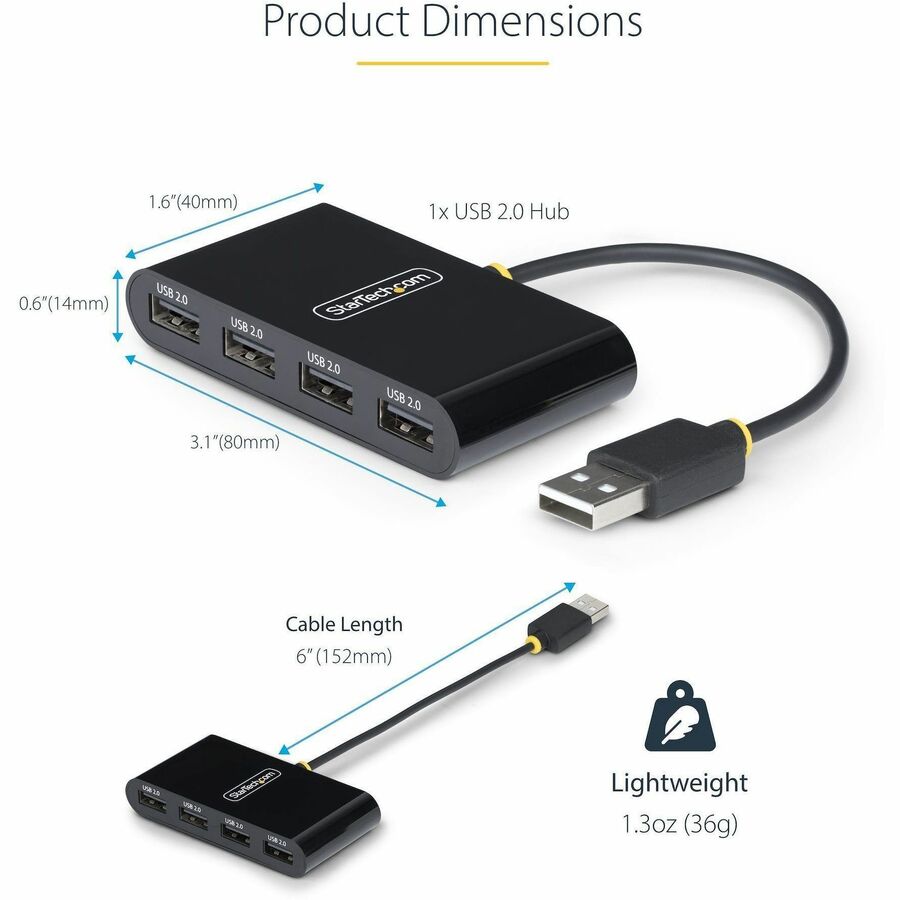 StarTech.com Travel Mini USB Hub — 4-Port USB 2.0 Bus-Powered Portable Hub for Laptops and PCs
