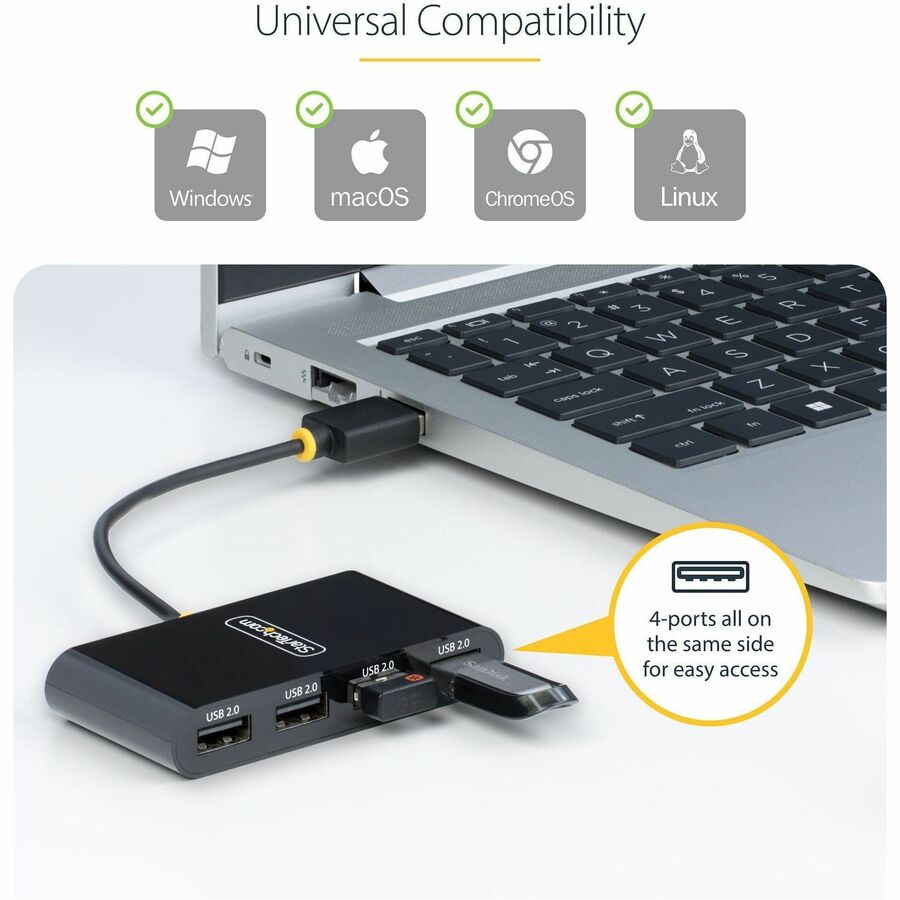 StarTech.com Travel Mini USB Hub — 4-Port USB 2.0 Bus-Powered Portable Hub for Laptops and PCs