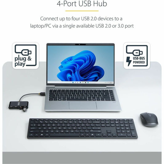 StarTech.com Travel Mini USB Hub — 4-Port USB 2.0 Bus-Powered Portable Hub for Laptops and PCs