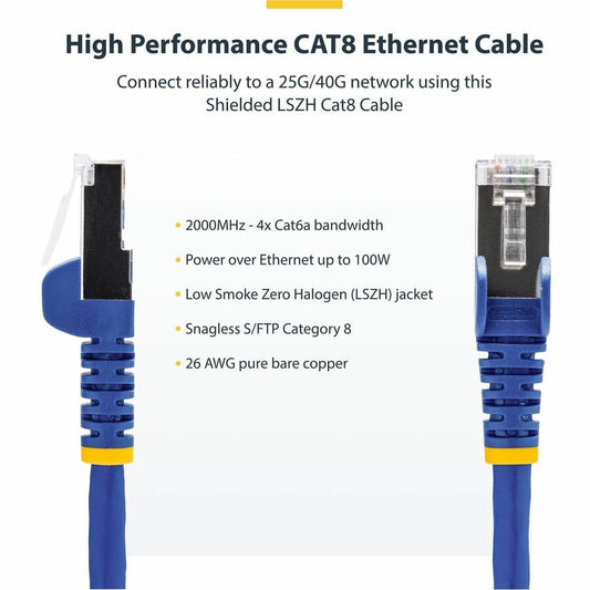 StarTech.com 6ft Blue CAT8 Ethernet Cable with Snagless RJ45 Connectors - 25G/40G 2000MHz, 100W PoE, S/FTP, 26AWG Pure Bare Copper Patch Cord