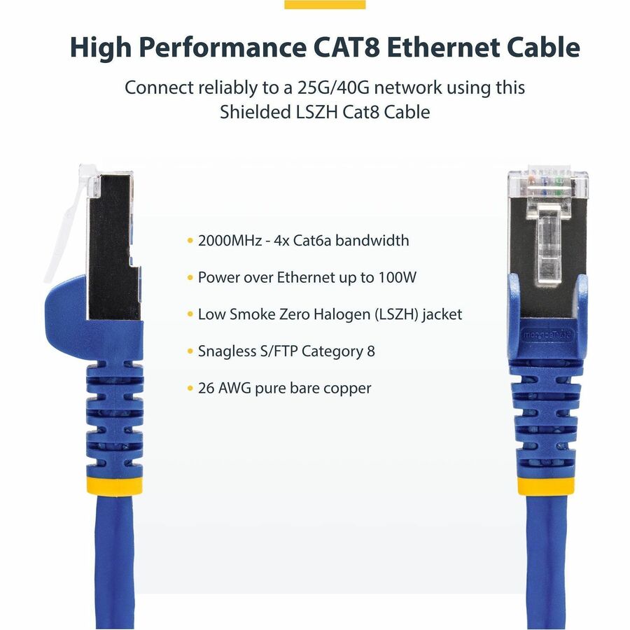 StarTech.com 3ft Blue Cat8 S/FTP Ethernet Cable with Gold-Plated Connectors and 2000MHz Frequency