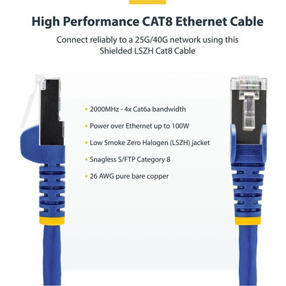 StarTech.com 6in Blue Cat8 S/FTP Ethernet Patch Cable with 40Gbps Data Rate and PoE++ Support