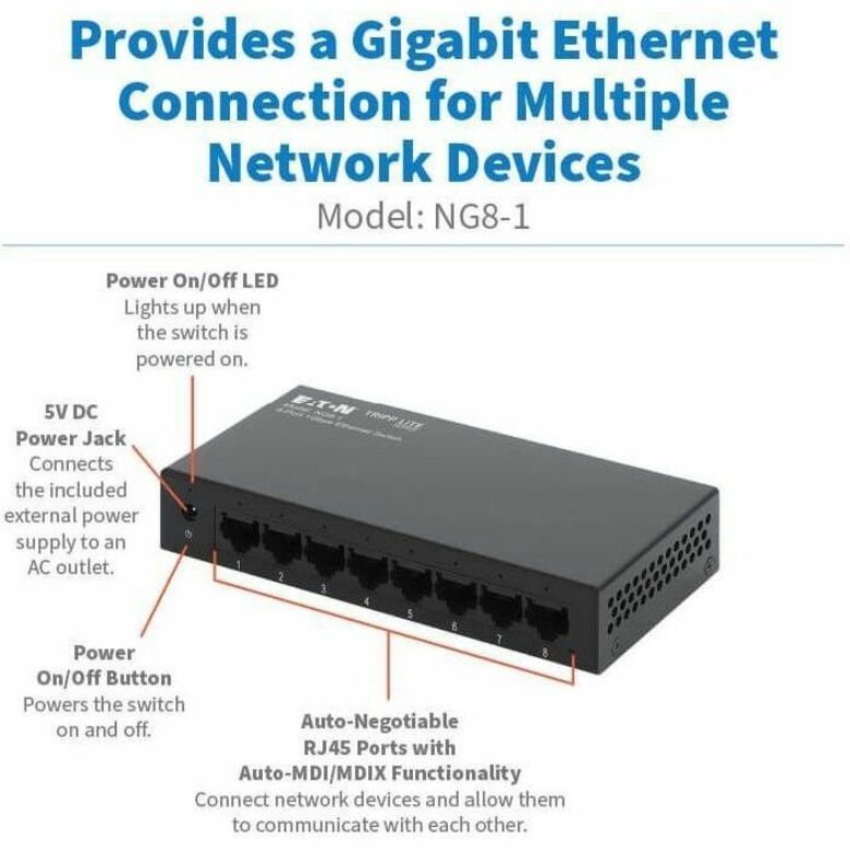 Eaton Tripp Lite Series NG8-1 Ethernet Switch - 8-Port Gigabit Desktop Network Hub