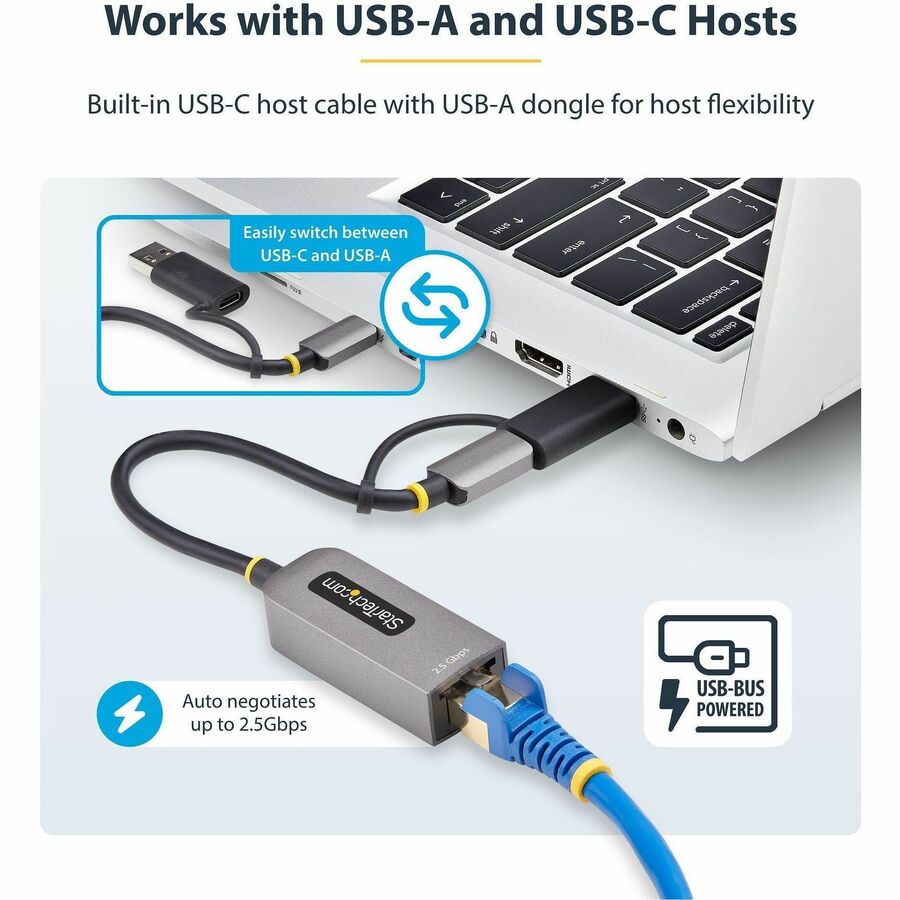 StarTech.com 2.5GbE USB-C to Ethernet Adapter with USB-A Converter - High-Speed Network for Laptops, Tablets, and iPhones