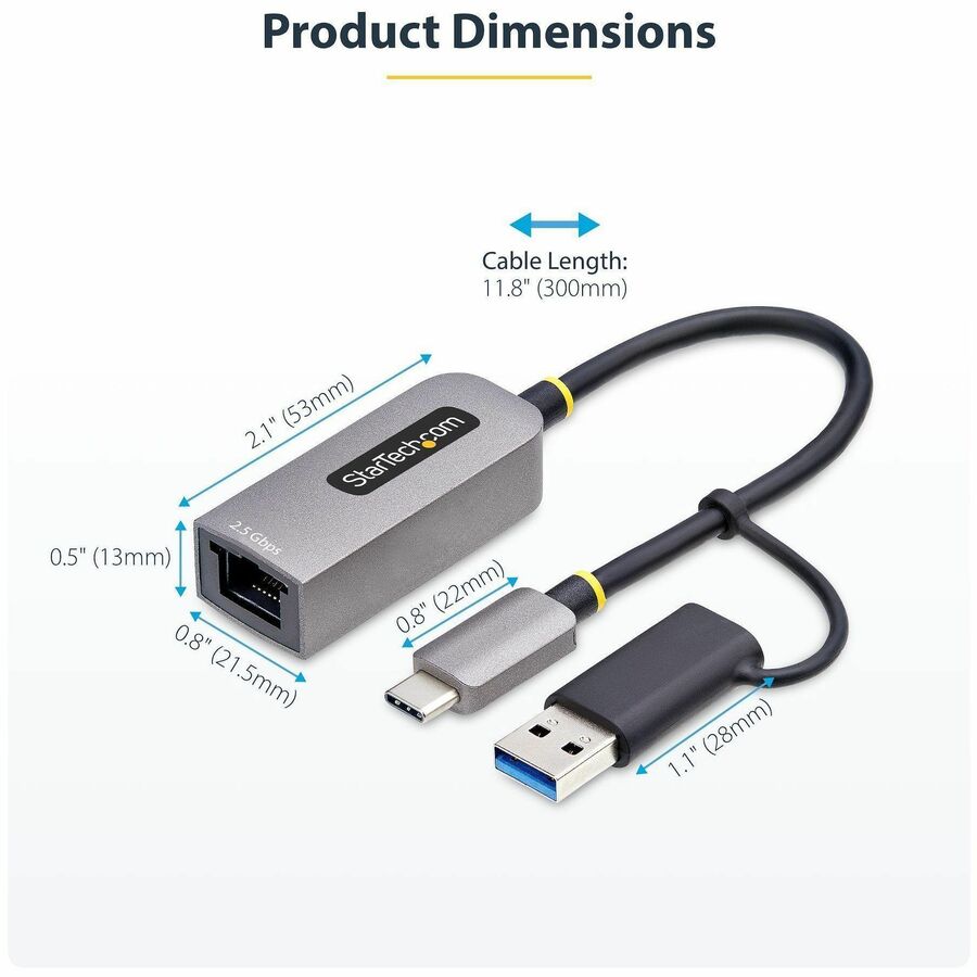 StarTech.com 2.5GbE USB-C to Ethernet Adapter with USB-A Converter - High-Speed Network for Laptops, Tablets, and iPhones
