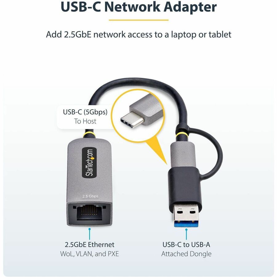StarTech.com 2.5GbE USB-C to Ethernet Adapter with USB-A Converter - High-Speed Network for Laptops, Tablets, and iPhones