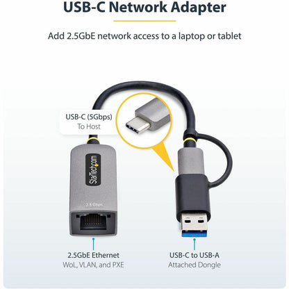 StarTech.com 2.5GbE USB-C to Ethernet Adapter with USB-A Converter - High-Speed Network for Laptops, Tablets, and iPhones