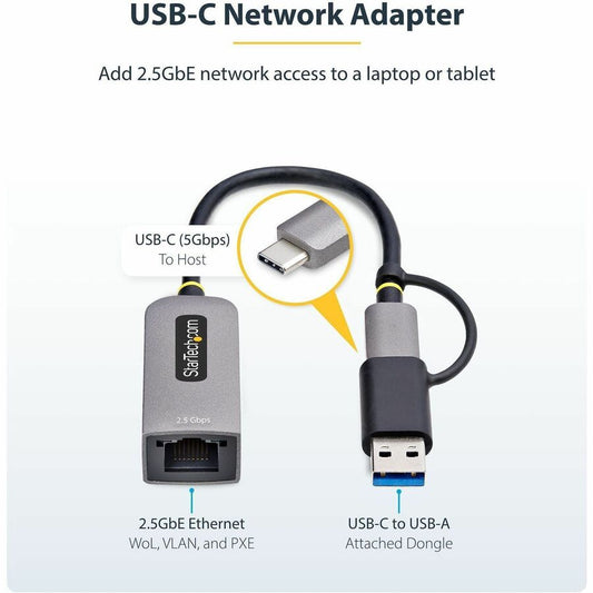 StarTech.com 2.5GbE USB-C to Ethernet Adapter with USB-A Converter - High-Speed Network for Laptops, Tablets, and iPhones