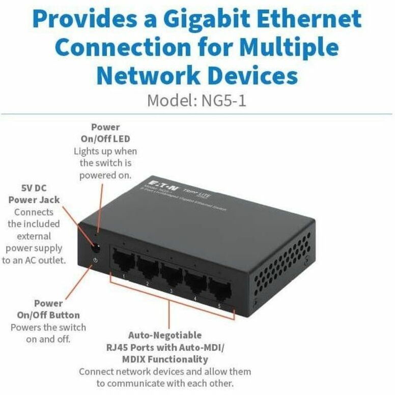Eaton Tripp Lite Series 5-Port Gigabit Ethernet Switch (NG5-1) for Small Office and Home Networks