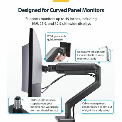 StarTech.com Monitor Desk Mount for 49-inch Ultrawide Curved Screens with Spring-Assist Arm and Adjustable Features