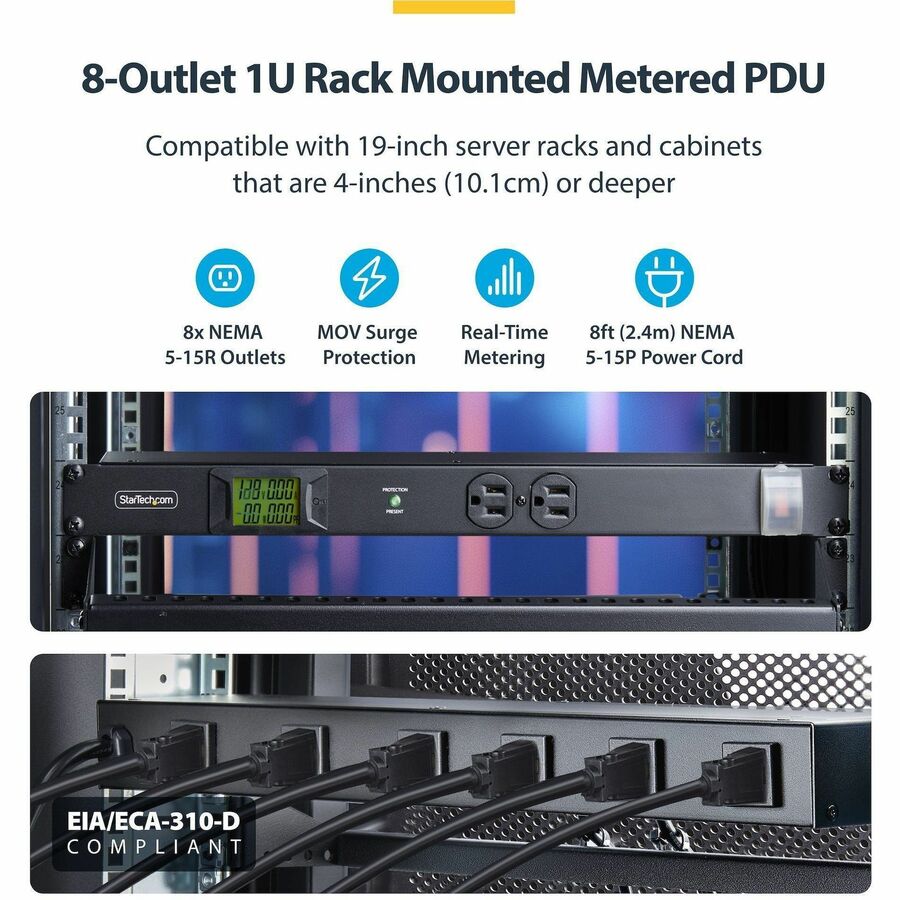 StarTech.com 8-Outlet Horizontal Rack Mount PDU with Surge Protection and Real-Time Monitoring