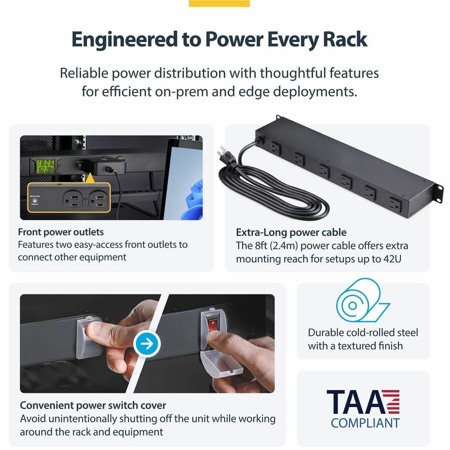 StarTech.com 8-Outlet Horizontal Rack Mount PDU with Surge Protection and Real-Time Monitoring