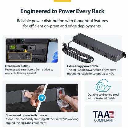 StarTech.com 8-Outlet Horizontal Rack Mount PDU with Surge Protection and Real-Time Monitoring