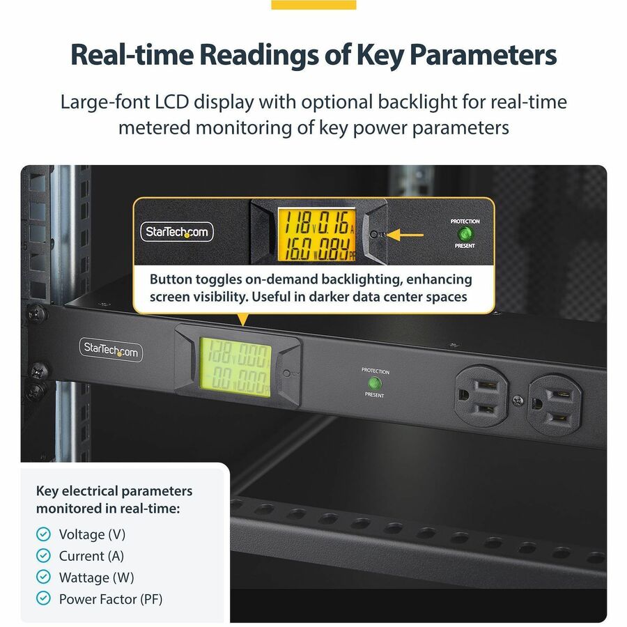 StarTech.com 8-Outlet Horizontal Rack Mount PDU with Surge Protection and Real-Time Monitoring