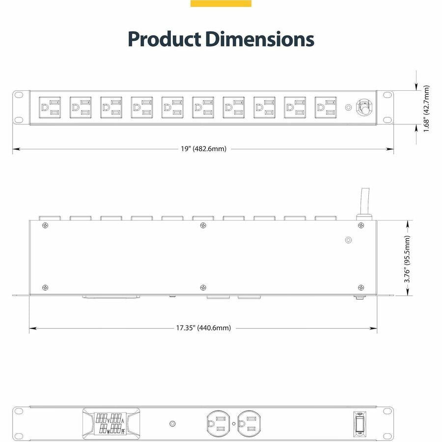 StarTech.com 12-Outlet Horizontal Rack Mount Metered PDU, 1U Server Power Strip with Surge Protection, 125V/15A, 8ft Power Cord, TAA Compliant