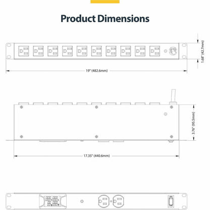StarTech.com 12-Outlet Horizontal Rack Mount Metered PDU, 1U Server Power Strip with Surge Protection, 125V/15A, 8ft Power Cord, TAA Compliant