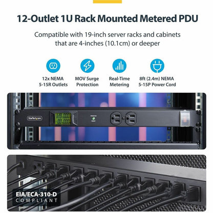 StarTech.com 12-Outlet Horizontal Rack Mount Metered PDU, 1U Server Power Strip with Surge Protection, 125V/15A, 8ft Power Cord, TAA Compliant