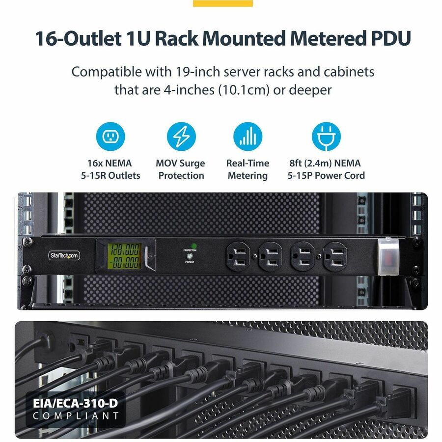StarTech.com 16-Outlet Horizontal Rack Mount Metered PDU with Surge Protection, 120V/15A, 1U