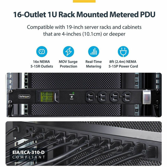 StarTech.com 16-Outlet Horizontal Rack Mount Metered PDU with Surge Protection, 120V/15A, 1U