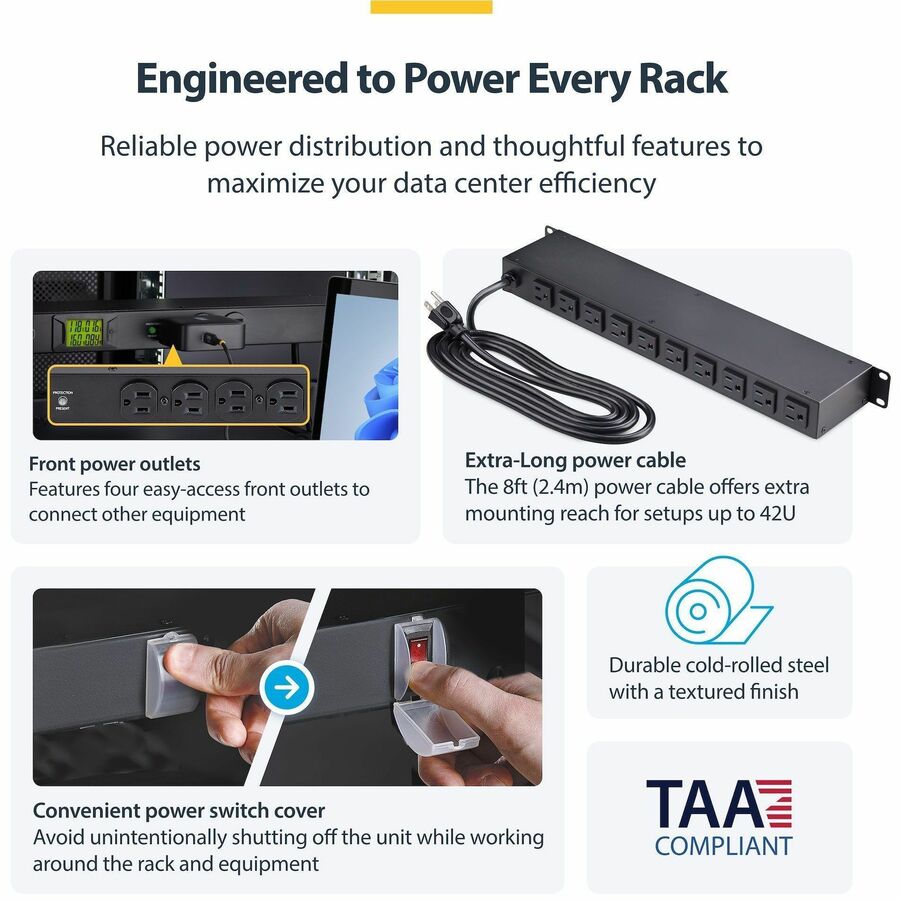 StarTech.com 16-Outlet Horizontal Rack Mount Metered PDU with Surge Protection, 120V/15A, 1U