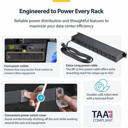 StarTech.com 16-Outlet Horizontal Rack Mount Metered PDU with Surge Protection, 120V/15A, 1U