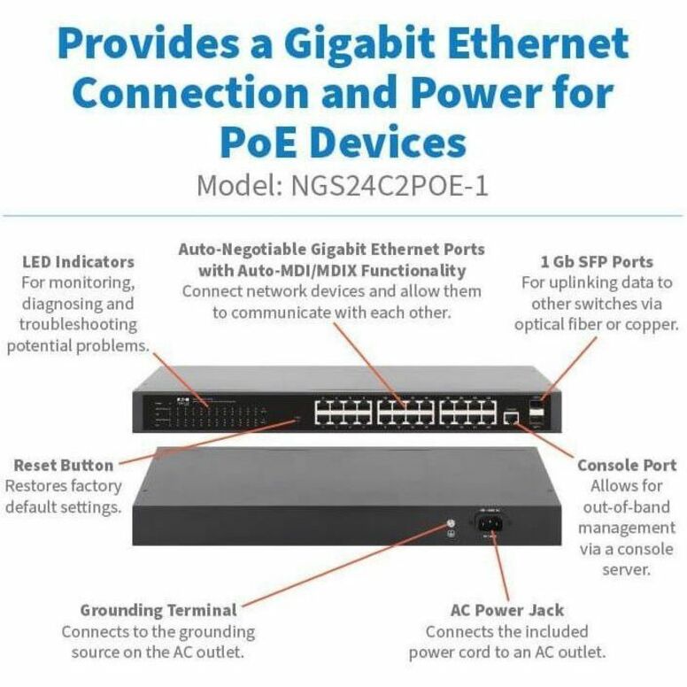 Eaton Tripp Lite Series 24-Port Managed Gigabit Ethernet Switch with PoE+ - Layer 2, 1 Gbps, 2x GbE SFP Ports, 370W PoE, 1U Rack/Desktop
